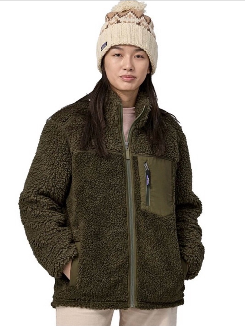 Patagonia Women's Retro X olive green fleece jacket with zip pocket